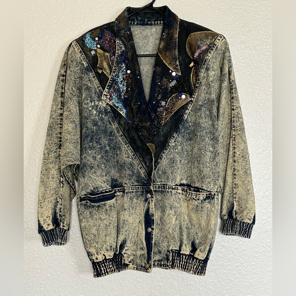 Vintage Perky Perfection By Lily Hand Painted Denim Jacket Size L